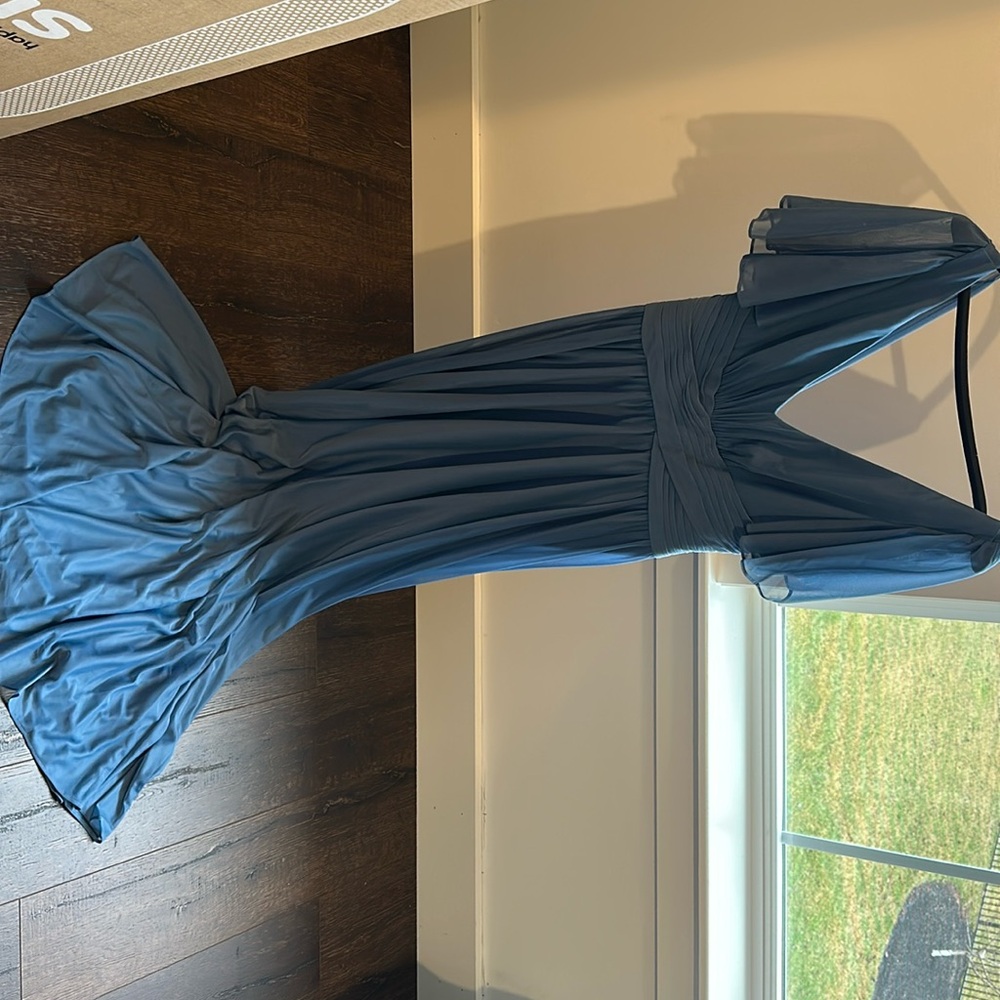 FLUTTER SLEEVE CRISSCROSS MESH BRIDESMAID DRESS ,STEELBLUE,10